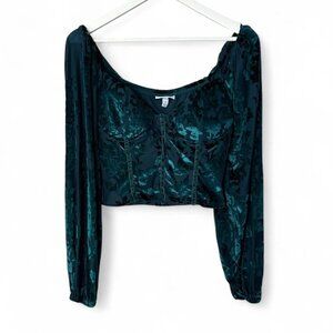 Willow & Root Emerald Green Paisley Velvet Corset Style Long Puffy Sleeve Blouse